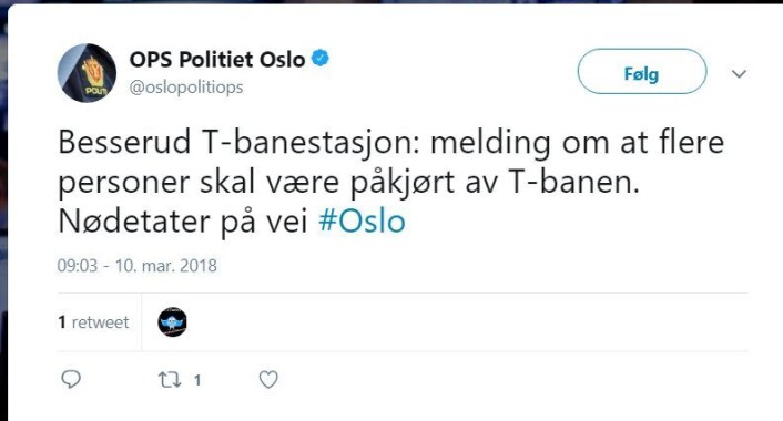 Ikke flere, men en person er påkjørt av t-banen Melding: Oslopolitiet Ikke flere, men en person er påkjørt av t-banen Melding: Oslopolitiet