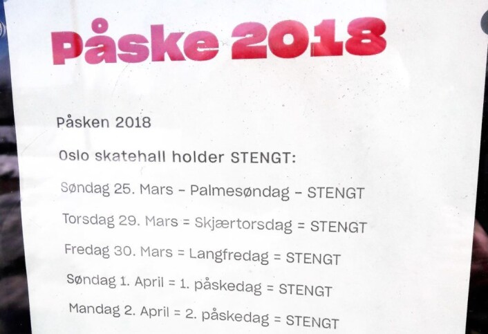 Mange holder åpent i påsken, etter at forordningen om helgefred ikke lenger er gjeldende. Oslo skatehall er imidlertid stengt hver dag utenom lørdag. Dessverre for alle skatehungrige i byen. Foto: Anders Høilund Mange holder åpent i påsken, etter at forordningen om helgefred ikke lenger er gjeldende. Oslo skatehall er imidlertid stengt hver dag utenom lørdag. Dessverre for alle skatehungrige i byen. Foto: Anders Høilund