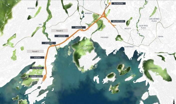Trasékart som viser regulert strekning for Fornebubanen fra Majorstua via Skøyen. Trasékart som viser regulert strekning for Fornebubanen fra Majorstua via Skøyen.