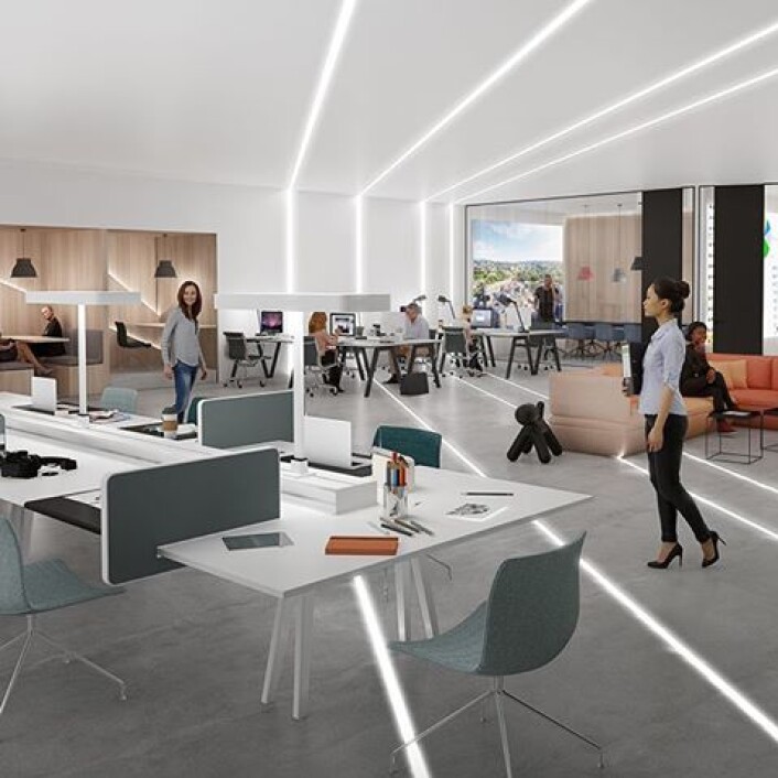 OBOS og AF gruppen planlegger hypermoderne kontorer og fellesområder i Construction city. Illustrasjon: OBOS/AF Gruppen OBOS og AF gruppen planlegger hypermoderne kontorer og fellesområder i Construction city. Illustrasjon: OBOS/AF Gruppen