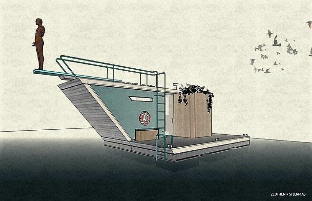 Dette er sjøbadstua som vant arkitektkonkurransen. Firmaet Zeuthen+Stjern slo ut 56 andre arkitektforslag. Illustrasjon: Zeuthen+Stjern