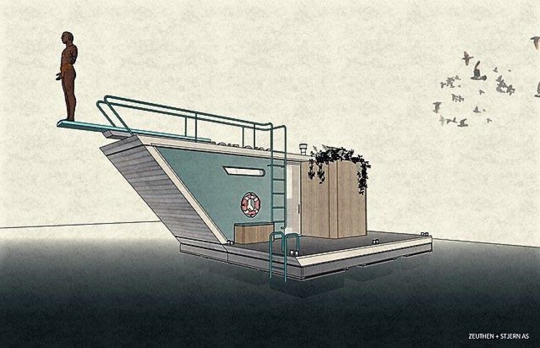 Dette er sjøbadstua som vant arkitektkonkurransen. Firmaet Zeuthen+Stjern slo ut 56 andre arkitektforslag. Illustrasjon: Zeuthen+Stjern Dette er sjøbadstua som vant arkitektkonkurransen. Firmaet Zeuthen+Stjern slo ut 56 andre arkitektforslag. Illustrasjon: Zeuthen+Stjern