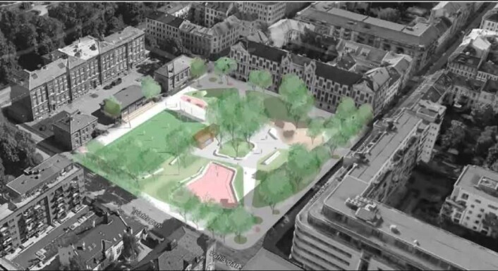 Tegning av Rudolf Nilsens plass. Illustrasjon: SOLA landskapsarkitekter Tegning av Rudolf Nilsens plass. Illustrasjon: SOLA landskapsarkitekter