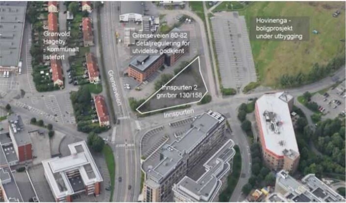 Innspurten 2, i trekanten på bildet, er det omdiskuterte området. Illustrasjon: Planforslag fra Vålerenga kultur - og idrettspark. Innspurten 2, i trekanten på bildet, er det omdiskuterte området. Illustrasjon: Planforslag fra Vålerenga kultur - og idrettspark.