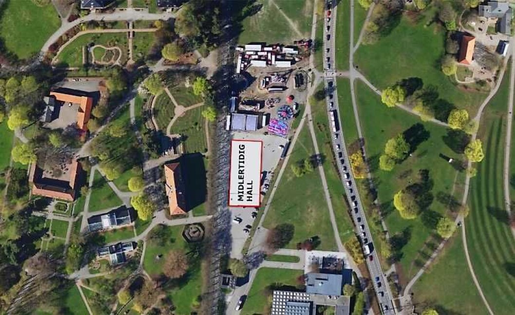 Den midlertidige flerbrukshallen vil ligge midt mellom Munchmuseet og Botanisk Hage på Tøyen. Foto: Rambøll AS Den midlertidige flerbrukshallen vil ligge midt mellom Munchmuseet og Botanisk Hage på Tøyen. Foto: Rambøll AS