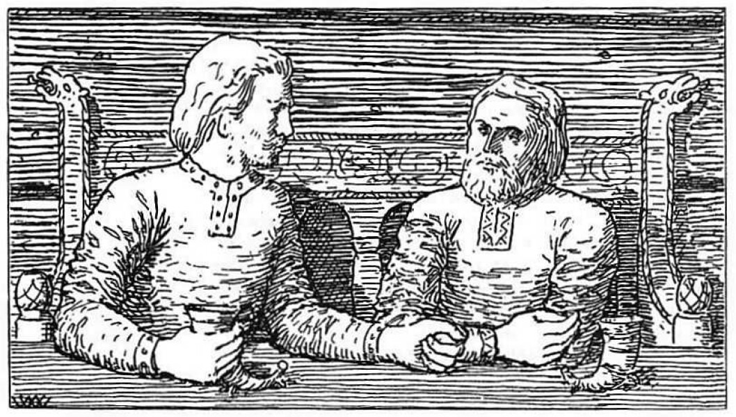 Harald og Svein sat og svalla og drakk, har kunstneren Wilhelm Wetlesen kalt denne illustrasjonen til Snorres Heimskringla. Harald og Svein sat og svalla og drakk, har kunstneren Wilhelm Wetlesen kalt denne illustrasjonen til Snorres Heimskringla.