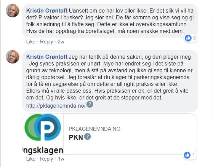 Også andre naboer reagerer på parkeringsselskapets opptreden rundt Keyserløkka. Skjermdump fra Facebook Også andre naboer reagerer på parkeringsselskapets opptreden rundt Keyserløkka. Skjermdump fra Facebook