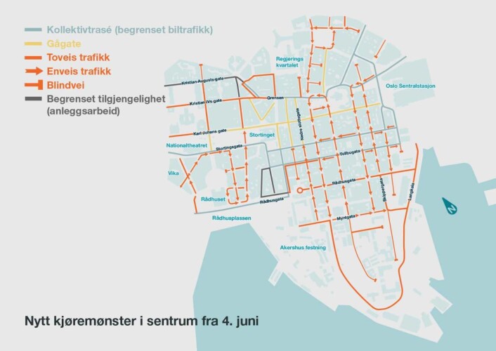 Slik ser det nye kjøremønsteret ut i sentrum fra 4. juni. Bilde: Byrådsavdeling for byutvikling Slik ser det nye kjøremønsteret ut i sentrum fra 4. juni. Bilde: Byrådsavdeling for byutvikling