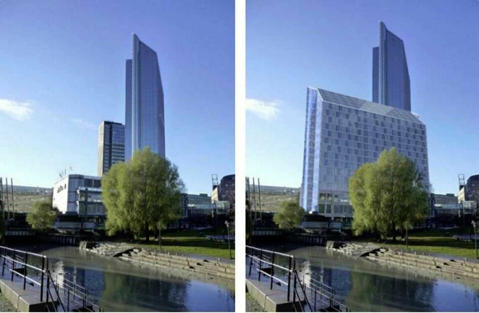 Bystyreflertallet stemte til slutt for at mini-tvillingen til Oslo Plaza kan bli 14 etasjer høy. Selv om mange frykter nybygget vil skygge for Vaterlandsparken og Akerselva. Illustrasjon: White arkitekter