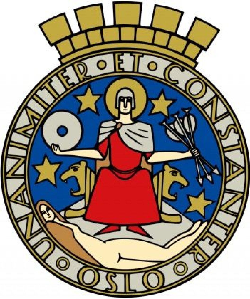 Oslos byvåpen der den drepte trellkvinnen og hennes ufødte barn ligger ved St. Hallvards føtter. Illustrasjon: Oslo kommune Oslos byvåpen der den drepte trellkvinnen og hennes ufødte barn ligger ved St. Hallvards føtter. Illustrasjon: Oslo kommune