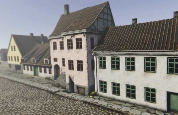 Slik så Fred. Olsens gate 1 og 3 med utsikt mot Rådhusgata i 1798. Illustrasjon: Mats Jørgensen/Tidvis Slik så Fred. Olsens gate 1 og 3 med utsikt mot Rådhusgata i 1798. Illustrasjon: Mats Jørgensen/Tidvis