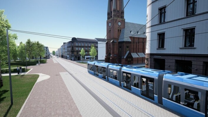 Området ved Paulus kirke får storgatesteindekke i trikkesporene og fortauene langs bygårdene blir bredere. Illustrasjon: Bymiljøetaten Området ved Paulus kirke får storgatesteindekke i trikkesporene og fortauene langs bygårdene blir bredere. Illustrasjon: Bymiljøetaten