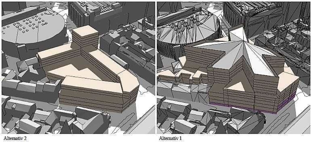 Til høyre er Olav Thons opprinnelige plan med et stjerneformet, 50 meter høyt kombinert hotell og shoppingsenter. Til venstre plan- og bygningsetatens alternativ som er lavere og med flere boliger og mindre kjøpesenter. Illustrasjon: Plan- og bygningsetaten/Oslo kommune Til høyre er Olav Thons opprinnelige plan med et stjerneformet, 50 meter høyt kombinert hotell og shoppingsenter. Til venstre plan- og bygningsetatens alternativ som er lavere og med flere boliger og mindre kjøpesenter. Illustrasjon: Plan- og bygningsetaten/Oslo kommune
