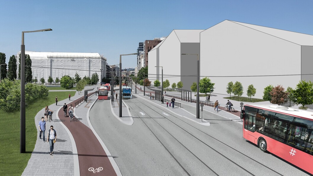 Her ser vi den planlagte holdeplassen for trikk i Bispegata, mellom Dronning Eufemias gate og Oslo gate. Illustrasjon: Bymiljøetaten Her ser vi den planlagte holdeplassen for trikk i Bispegata, mellom Dronning Eufemias gate og Oslo gate. Illustrasjon: Bymiljøetaten