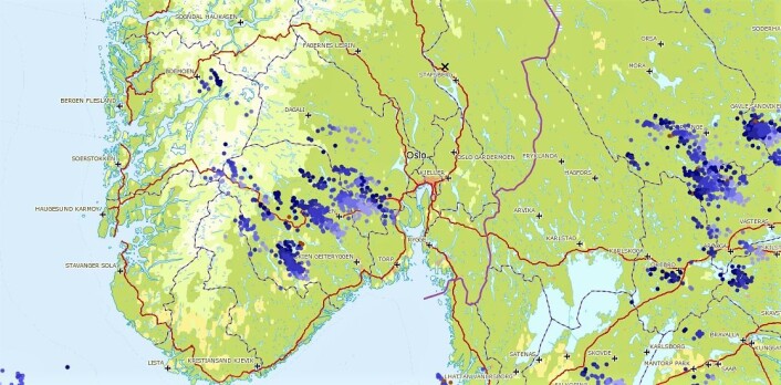 Grafikken fra Meteorologisk institutt viser at antallet lynnedslag lørdag ettermiddag stort sett lå vest og sørvest for Oslo. Grafikken fra Meteorologisk institutt viser at antallet lynnedslag lørdag ettermiddag stort sett lå vest og sørvest for Oslo.