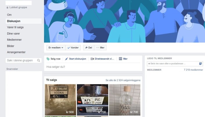 Slik ser en av de store Faceboook-gruppene ut. Her omsettes det alkohol daglig. Foto: Skjermdump Slik ser en av de store Faceboook-gruppene ut. Her omsettes det alkohol daglig. Foto: Skjermdump