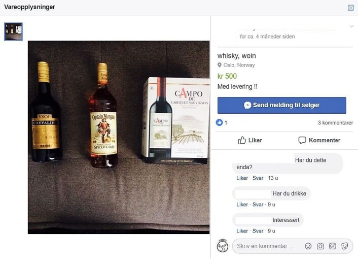 Slik ser en enkel alkoholannonse ut. Foto: Skjermdump fra Facebook-gruppe Slik ser en enkel alkoholannonse ut. Foto: Skjermdump fra Facebook-gruppe