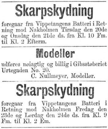 Annonse i Aftenposten, tirsdag 20. juni 1882. Den varsler også planlagt skarpskyting fra vippetangens batteri i retning Nakholmen. Kilde: Nasjonalbiblioteket Annonse i Aftenposten, tirsdag 20. juni 1882. Den varsler også planlagt skarpskyting fra vippetangens batteri i retning Nakholmen. Kilde: Nasjonalbiblioteket