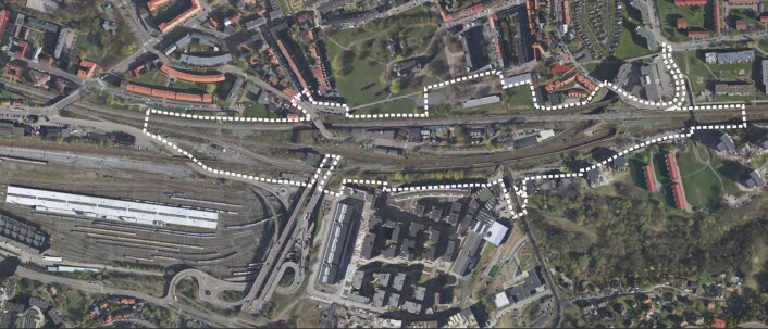 Et luftfoto av området som er planlagt brukt til nye togspor. Foto: Bane NOR Et luftfoto av området som er planlagt brukt til nye togspor. Foto: Bane NOR