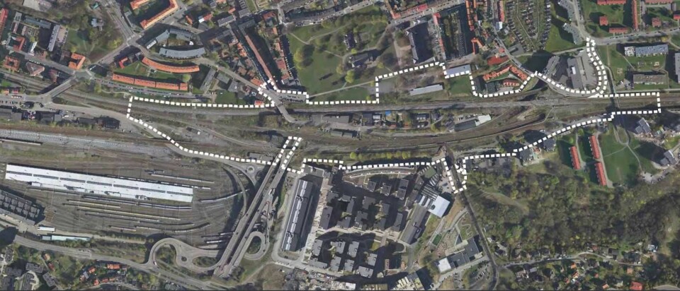 Et luftfoto av området som er planlagt brukt til nye togspor. Foto: Bane NOR