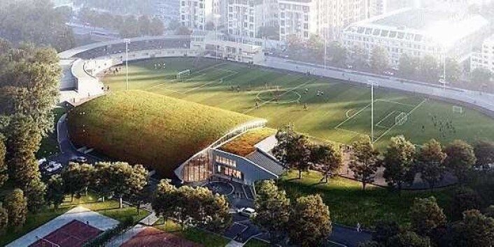 Arkitektene har utformet hallen slik at den vil fremstå godt integrert i omgivelsene og tilpasset det fredede området det skal ligge i. Illustrasjon: Dyrvik Arkitekter Arkitektene har utformet hallen slik at den vil fremstå godt integrert i omgivelsene og tilpasset det fredede området det skal ligge i. Illustrasjon: Dyrvik Arkitekter