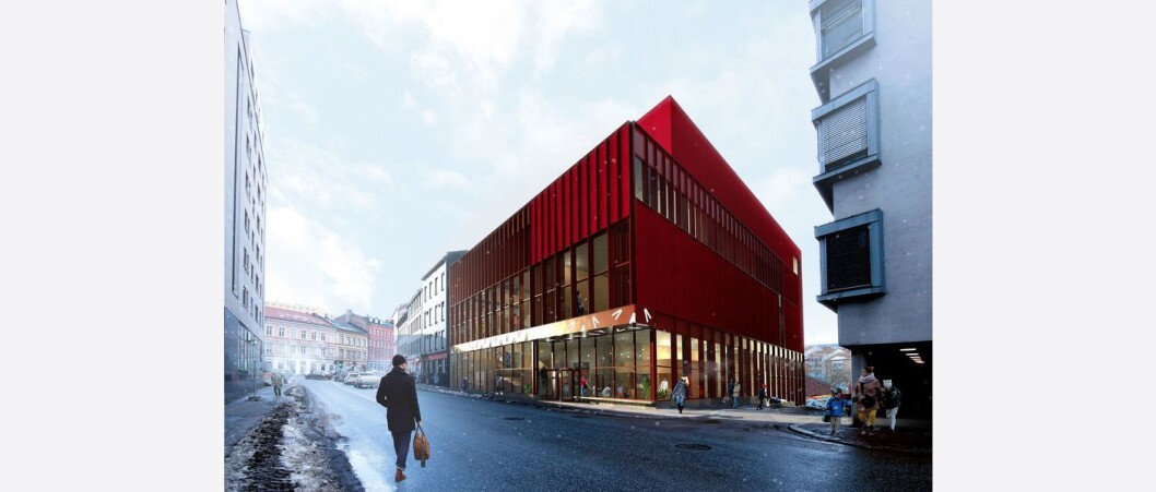 Opprinnelig var nye Vega scene planlagt som et grått betongbygg. Men elevene fra naboen, Elvebakken videregående skole, ville det annerledes. Illustrasjon: Asplan Viak Opprinnelig var nye Vega scene planlagt som et grått betongbygg. Men elevene fra naboen, Elvebakken videregående skole, ville det annerledes. Illustrasjon: Asplan Viak