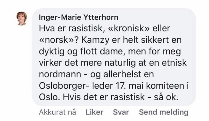 Dette Facebook-innlegget er nå slettet fra tidligere stortingsrepresentant for Frp, Inger-Marie Ytterhorns, Facebook-profil. Dette Facebook-innlegget er nå slettet fra tidligere stortingsrepresentant for Frp, Inger-Marie Ytterhorns, Facebook-profil.