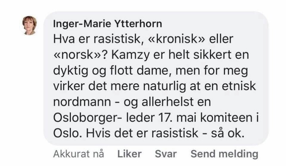 Dette Facebook-innlegget er nå slettet fra tidligere stortingsrepresentant for Frp, Inger-Marie Ytterhorns, Facebook-profil.