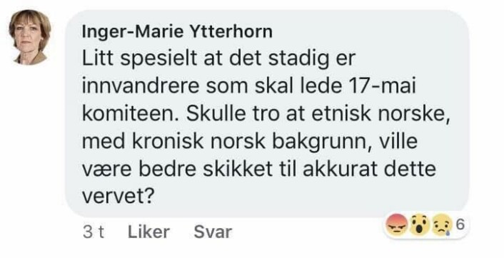 Dette er en skjermdump av det opprinnelige Facebook-innlegget Inger-Marie Ytterhorn la ut lørdag kveld. Som hun senere slettet og erstattet med innlegget vist lenger opp i denne artikkelen. Så ble det siste innlegget også slettet fra Frp`erens Facebook-side. Dette er en skjermdump av det opprinnelige Facebook-innlegget Inger-Marie Ytterhorn la ut lørdag kveld. Som hun senere slettet og erstattet med innlegget vist lenger opp i denne artikkelen. Så ble det siste innlegget også slettet fra Frp`erens Facebook-side.