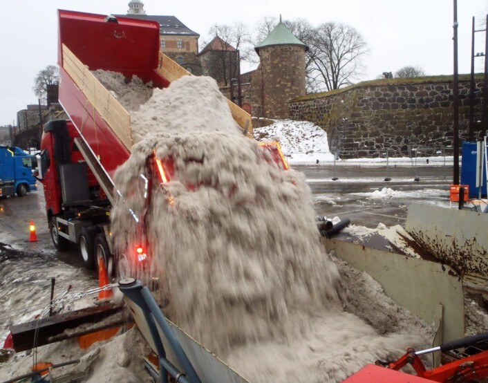 Billass på billass ble kjørt ned til snølekteren S/S Terje på Akershusstranda. Der ble snøen renset før den ble dumpet i Oslofjorden. Foto: Anders Høilund Billass på billass ble kjørt ned til snølekteren S/S Terje på Akershusstranda. Der ble snøen renset før den ble dumpet i Oslofjorden. Foto: Anders Høilund