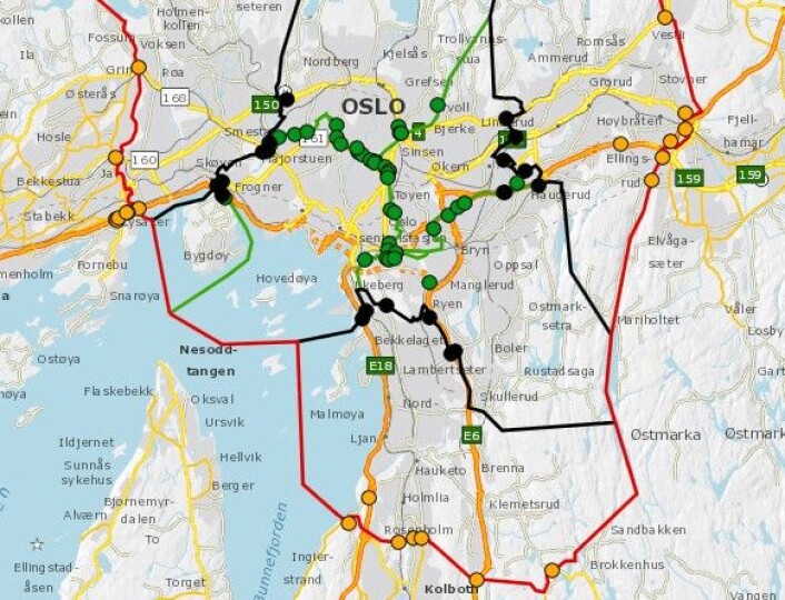 De grønne prikkene viser hvor de nye bomstasjonene kommer i mars neste år. Illutrasjon: Statens vegvesen De grønne prikkene viser hvor de nye bomstasjonene kommer i mars neste år. Illutrasjon: Statens vegvesen