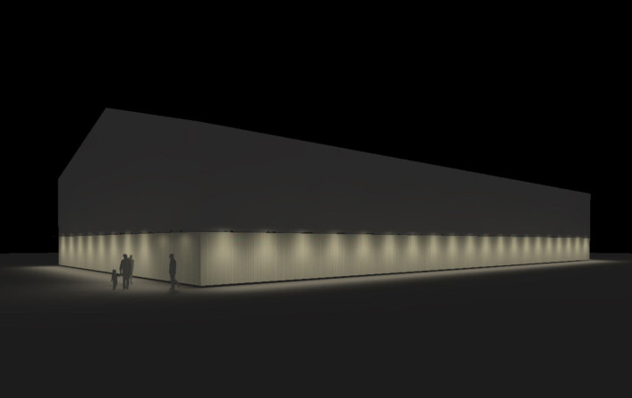 En tegning av den nye hallen som skal fungere i fire år. Illustrasjon: Kultur- og idrettsbygg En tegning av den nye hallen som skal fungere i fire år. Illustrasjon: Kultur- og idrettsbygg