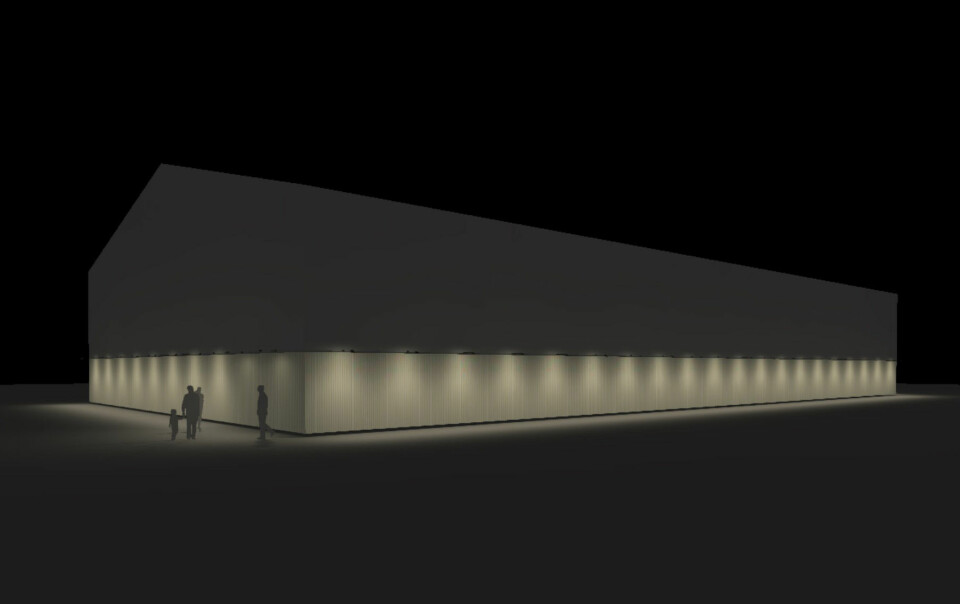 En tegning av den nye hallen som skal fungere i fire år. Illustrasjon: Kultur- og idrettsbygg