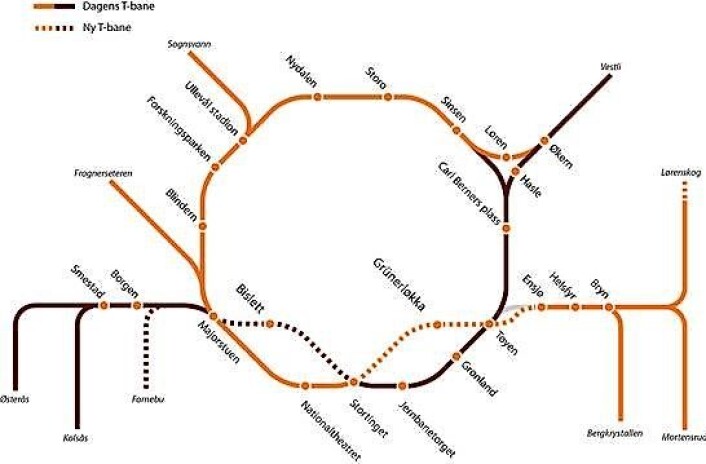 Mulig linjestruktur og kjøremønster med ny sentrumstunnel. Grafikk: Ruter Mulig linjestruktur og kjøremønster med ny sentrumstunnel. Grafikk: Ruter