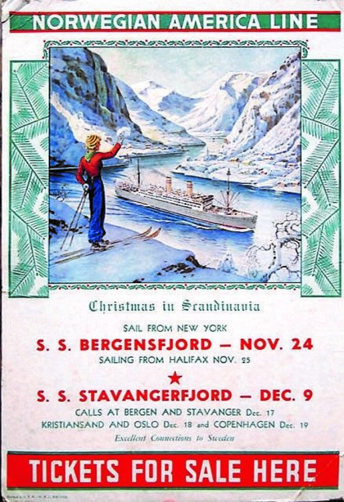 Plakaten er hentet fra artikkelforfatter Erik C Ødemarks private samling. Den ble brukt i USA i ett av de mange utsalgskontorene for billetter hjem til gamlelandet. Plakaten er hentet fra artikkelforfatter Erik C Ødemarks private samling. Den ble brukt i USA i ett av de mange utsalgskontorene for billetter hjem til gamlelandet.