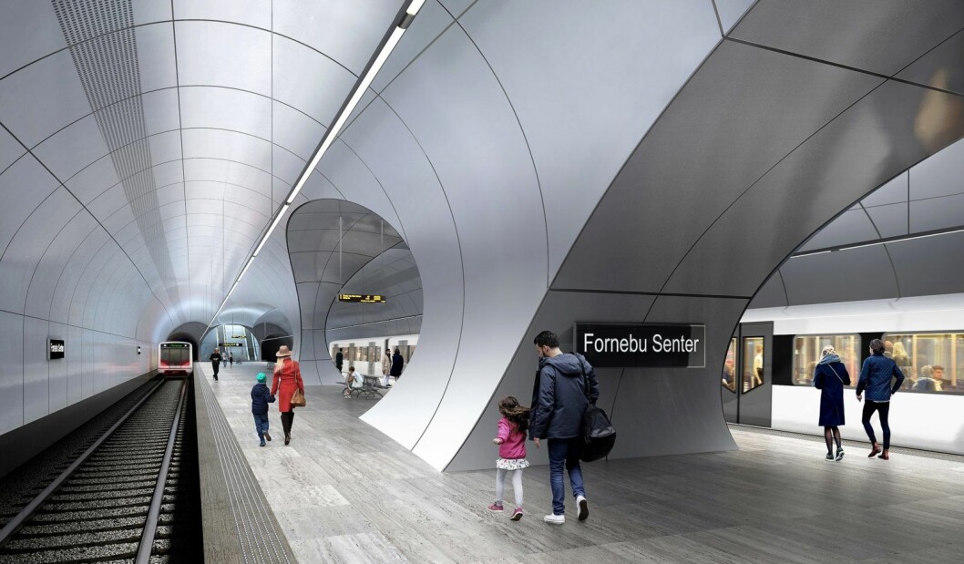 Slik tenker arkitektene i  Zaha Hadid Architects og A-lab at Fornebu stasjon blir sdeende ut når den står ferdig.
Illustrasjon: Fornebubanen / NTB scanpix