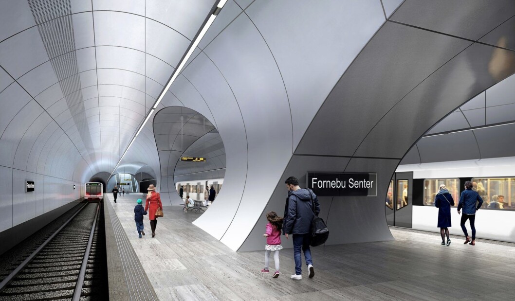 Slik tenker arkitektene i Zaha Hadid Architects og A-lab at Fornebu stasjon blir sdeende ut når den står ferdig.
Illustrasjon: Fornebubanen / NTB scanpix Slik tenker arkitektene i Zaha Hadid Architects og A-lab at Fornebu stasjon blir sdeende ut når den står ferdig.
Illustrasjon: Fornebubanen / NTB scanpix