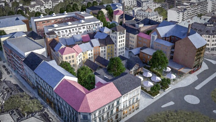 Med Parkveien i sør og Hegdehaugsveien i øst ser Allgrønn og Homansbyen vel for seg at kvartalet de kaller landsbyen bak Slottet kan bli seende slik ut. Illustrasjon: Siv.ark Arne Sødal, Homansbyen Vel, Allgrønn Med Parkveien i sør og Hegdehaugsveien i øst ser Allgrønn og Homansbyen vel for seg at kvartalet de kaller landsbyen bak Slottet kan bli seende slik ut. Illustrasjon: Siv.ark Arne Sødal, Homansbyen Vel, Allgrønn
