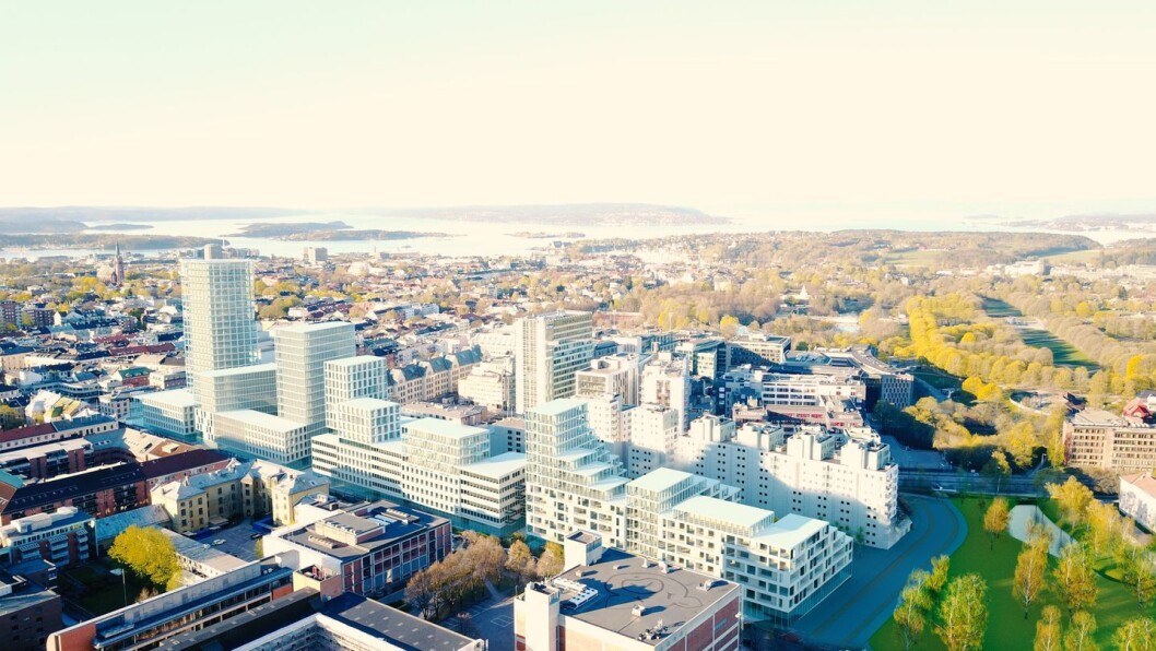 Når skinnegangene mot Volvat og Frøen legges under bakken, ønsker Ruter å bygge en helt ny bydel på de frigjorte tomteaeralene. Illustrasjon: Ruter / Asplan Viak Når skinnegangene mot Volvat og Frøen legges under bakken, ønsker Ruter å bygge en helt ny bydel på de frigjorte tomteaeralene. Illustrasjon: Ruter / Asplan Viak