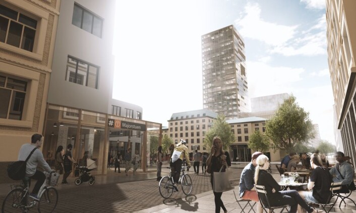 Byplan sjef Ellen de Vibe har vært positiv til Ruters idéer tidligere. Men foreløpig sier plan- og bygningsetaten nei til gigantutbyggingen ved Majorstua. Illustrasjon: Ruter / Asplan Viak Byplan sjef Ellen de Vibe har vært positiv til Ruters idéer tidligere. Men foreløpig sier plan- og bygningsetaten nei til gigantutbyggingen ved Majorstua. Illustrasjon: Ruter / Asplan Viak