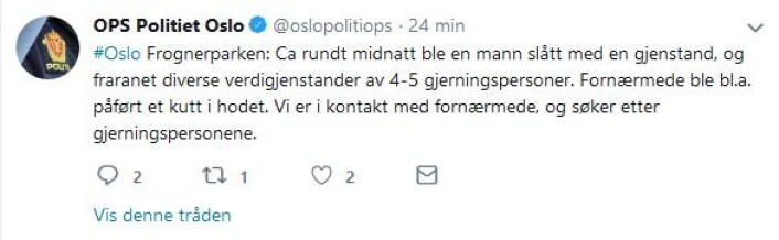 Skjermdump fra politiets Twitter-konto. Skjermdump fra politiets Twitter-konto.