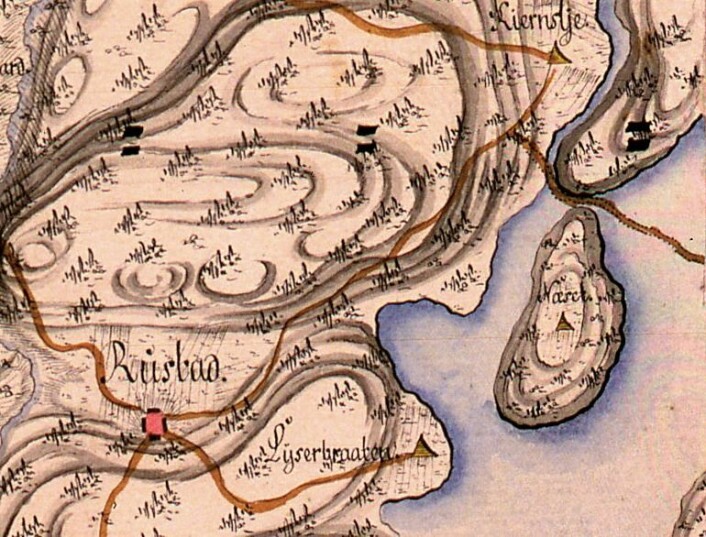 Dette kartet over området rundt Lysernbraaten er fra 1797. Her er det tydelig avmerket ferdselsårer.