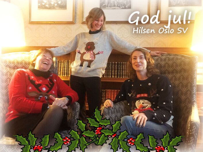 Oslos ordfører, Marianne Borgen, skolebyråd Inga Marte Thorkildsen og gruppeleder Sunniva Holmås Eidsvold med julegensere på SVs julekort for 2018. Foto: Oslo SV Oslos ordfører, Marianne Borgen, skolebyråd Inga Marte Thorkildsen og gruppeleder Sunniva Holmås Eidsvold med julegensere på SVs julekort for 2018. Foto: Oslo SV