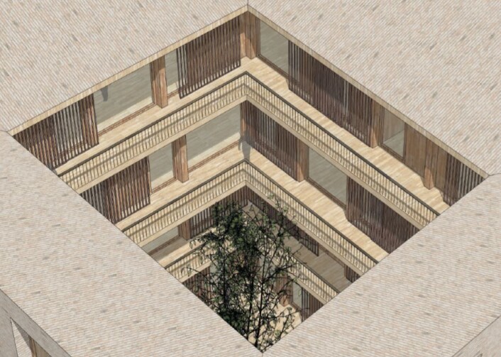 Ved å legge soveromssiden av huset inn mot atriet, har Bane NORs arkitekter tenkt å løse støyproblemene. Utsnitt fra plan- og fasadetegning av Reiulf Ramstad arkitekter Ved å legge soveromssiden av huset inn mot atriet, har Bane NORs arkitekter tenkt å løse støyproblemene. Utsnitt fra plan- og fasadetegning av Reiulf Ramstad arkitekter