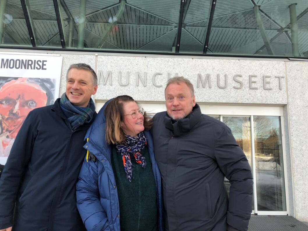 Næringsbyråd Kjetil Lund, teatersjef Hanne Tømta og byrådsleder Raymond Johansen gleder seg over løsningen for Munchmuseet. Foto: Ninja Sandemose Næringsbyråd Kjetil Lund, teatersjef Hanne Tømta og byrådsleder Raymond Johansen gleder seg over løsningen for Munchmuseet. Foto: Ninja Sandemose