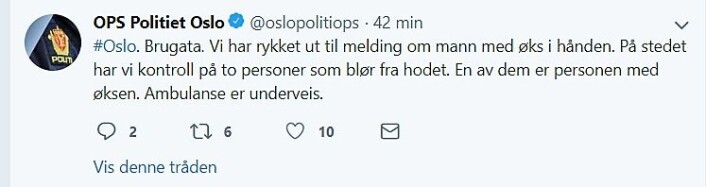 Skjermdump fra Oslo politidistrikts Twitter-konto. Skjermdump fra Oslo politidistrikts Twitter-konto.