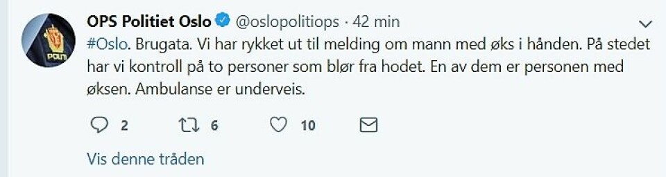 Skjermdump fra Oslo politidistrikts Twitter-konto.