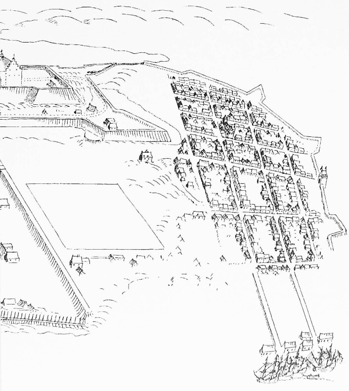 Utsnitt av illustrasjon utført av Isaac van Gelkerck fra 1648 (Nasjonalbiblioteket). Til venstre ser vi litt av Akershus slott og festning. Christiania er omgitt av festningsvoller, og i havna ser vi Nordre og Søndre brygger, med sjøboder og seilfartøy. Utsnitt av illustrasjon utført av Isaac van Gelkerck fra 1648 (Nasjonalbiblioteket). Til venstre ser vi litt av Akershus slott og festning. Christiania er omgitt av festningsvoller, og i havna ser vi Nordre og Søndre brygger, med sjøboder og seilfartøy.