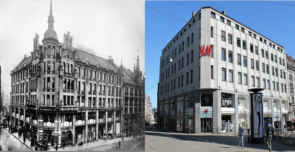 Til venstre er Hasselgården med sin opprinnelige fasade fra 1902. Til høyre slik bygget har sett ut fra rundt 1970 og frem til i dag. Fotomontasje med bilder fra: L. Szacinski / Oslo museum, 1908 og Chris Nyborg / Lokalhistoriewiki