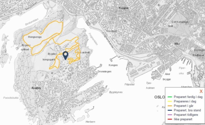 Kart over løypenettet på Bygdøy. Du kan gå en god søndagstur uten å gjenta deg selv. Skjermbilde fra Skiforeningens føremelding Kart over løypenettet på Bygdøy. Du kan gå en god søndagstur uten å gjenta deg selv. Skjermbilde fra Skiforeningens føremelding